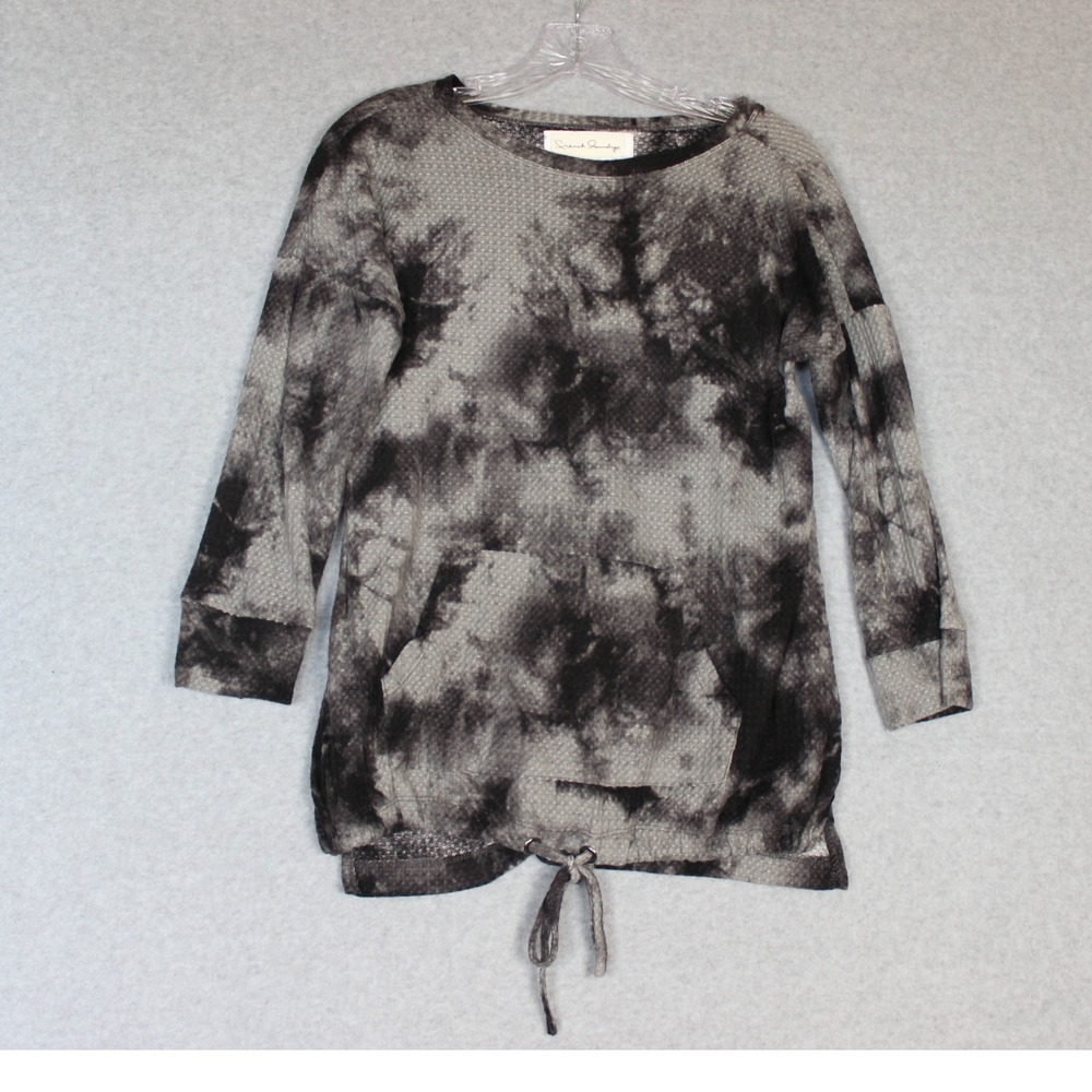 French Laundry Womens Small Waffle Knit LS Blk/Gry Tie Dye Shirt with drawstring